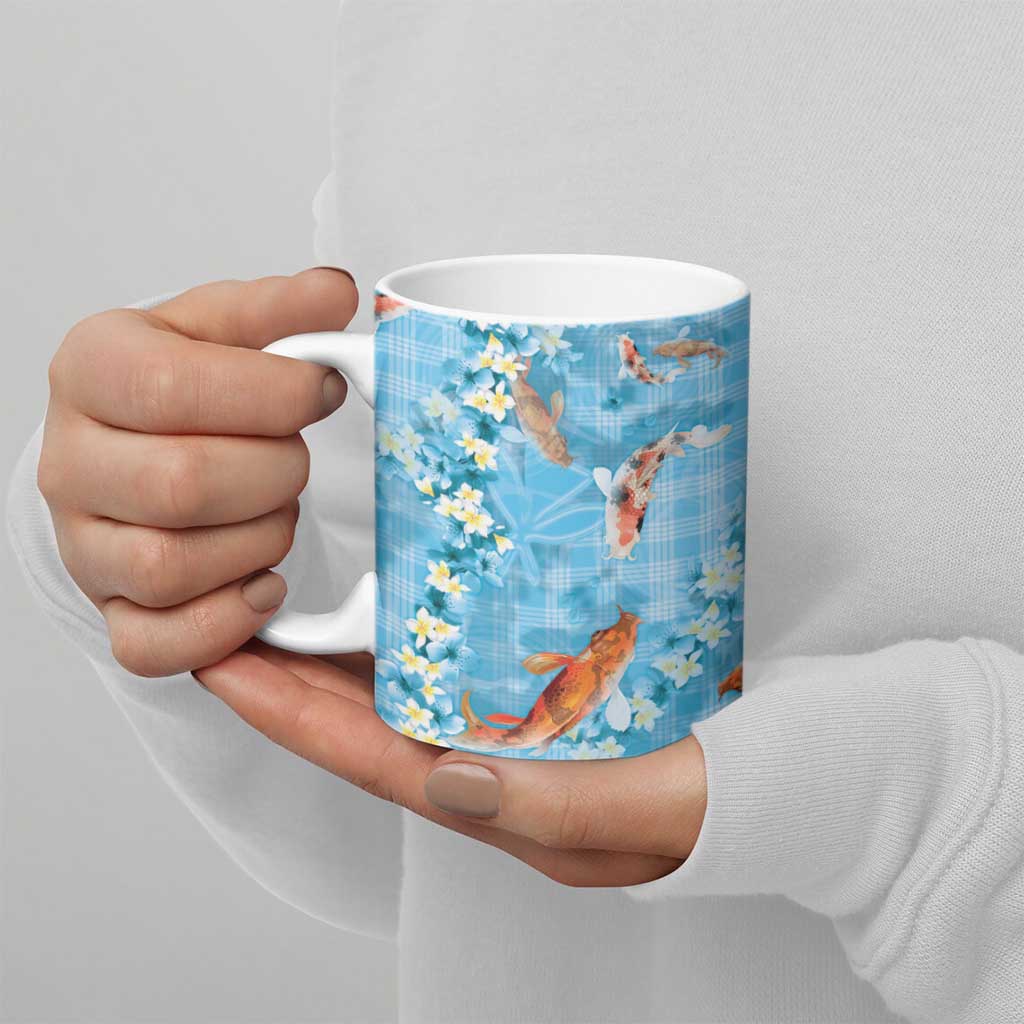 Blue Palaka Hawaiian And Japanese Ceramic Mug Sakura Lei With Koi Fish - Polynesian Pride