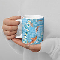 Blue Palaka Hawaiian And Japanese Ceramic Mug Sakura Lei With Koi Fish - Polynesian Pride