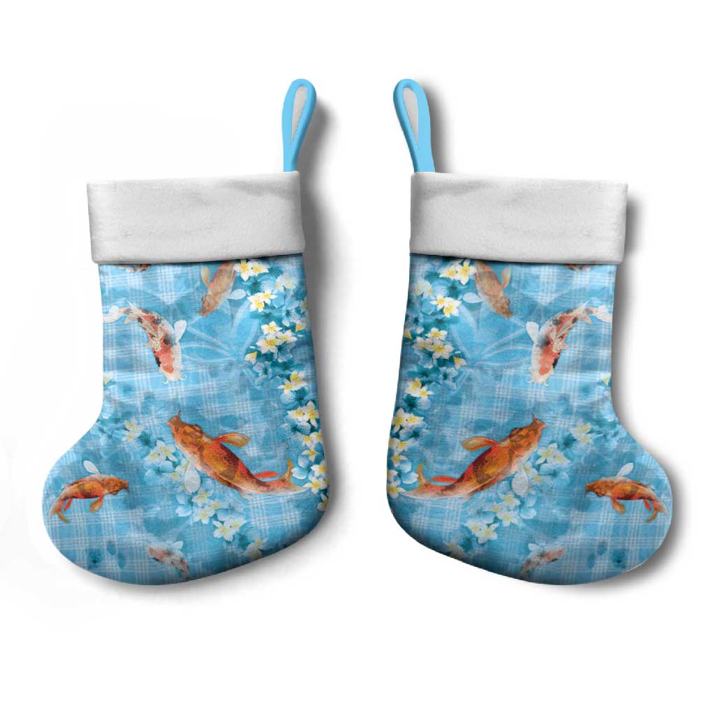 Blue Palaka Hawaiian And Japanese Christmas Stocking Sakura Lei With Koi Fish - Polynesian Pride