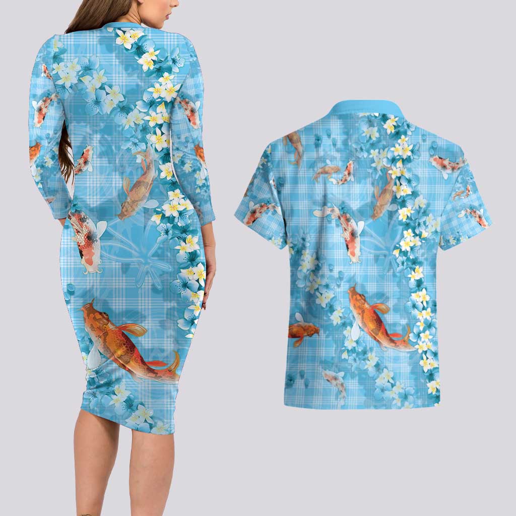 Blue Palaka Hawaiian And Japanese Couples Matching Long Sleeve Bodycon Dress and Hawaiian Shirt Sakura Lei With Koi Fish - Polynesian Pride