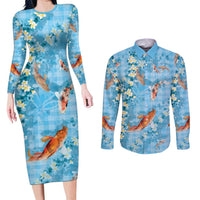 Blue Palaka Hawaiian And Japanese Couples Matching Long Sleeve Bodycon Dress and Long Sleeve Button Shirt Sakura Lei With Koi Fish - Polynesian Pride