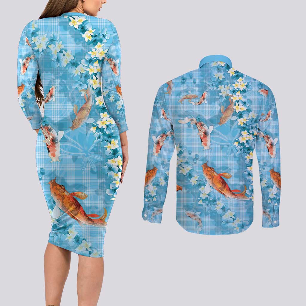 Blue Palaka Hawaiian And Japanese Couples Matching Long Sleeve Bodycon Dress and Long Sleeve Button Shirt Sakura Lei With Koi Fish - Polynesian Pride