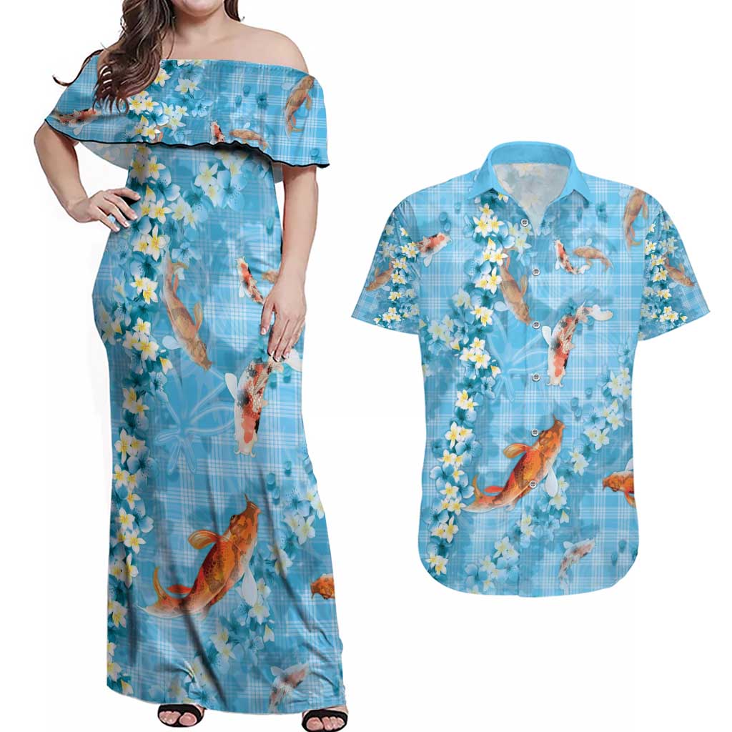 Blue Palaka Hawaiian And Japanese Couples Matching Off Shoulder Maxi Dress and Hawaiian Shirt Sakura Lei With Koi Fish - Polynesian Pride