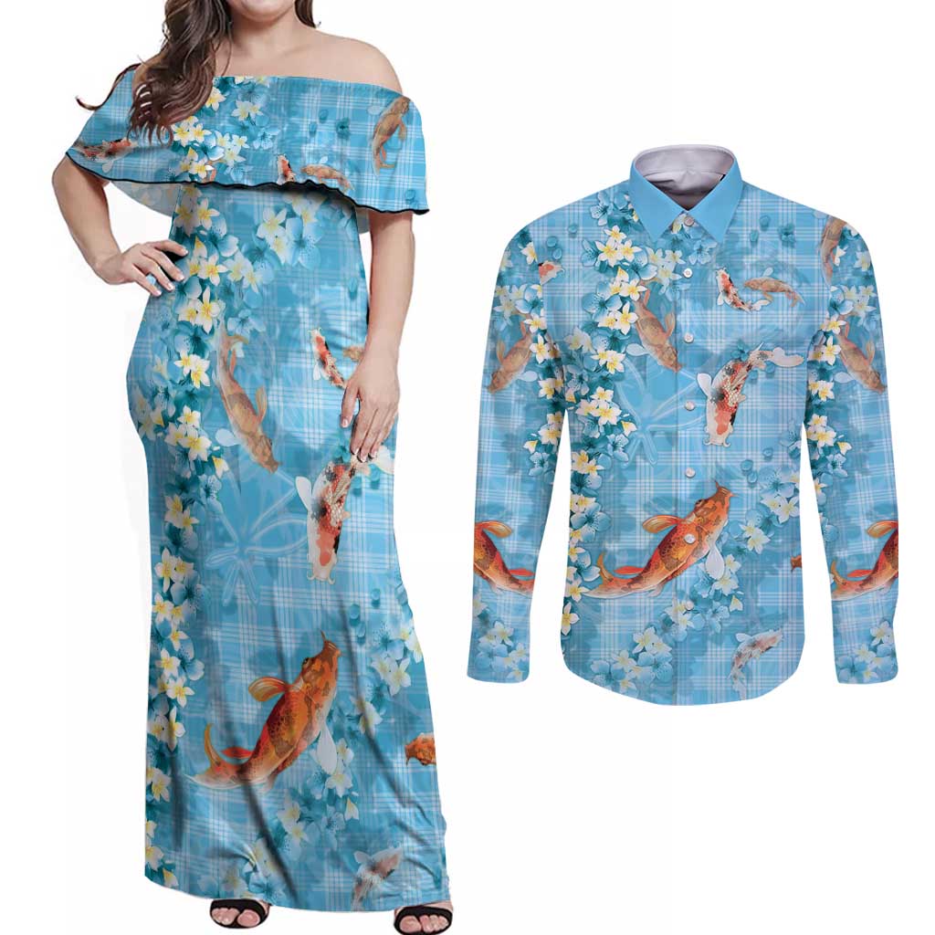 Blue Palaka Hawaiian And Japanese Couples Matching Off Shoulder Maxi Dress and Long Sleeve Button Shirt Sakura Lei With Koi Fish - Polynesian Pride