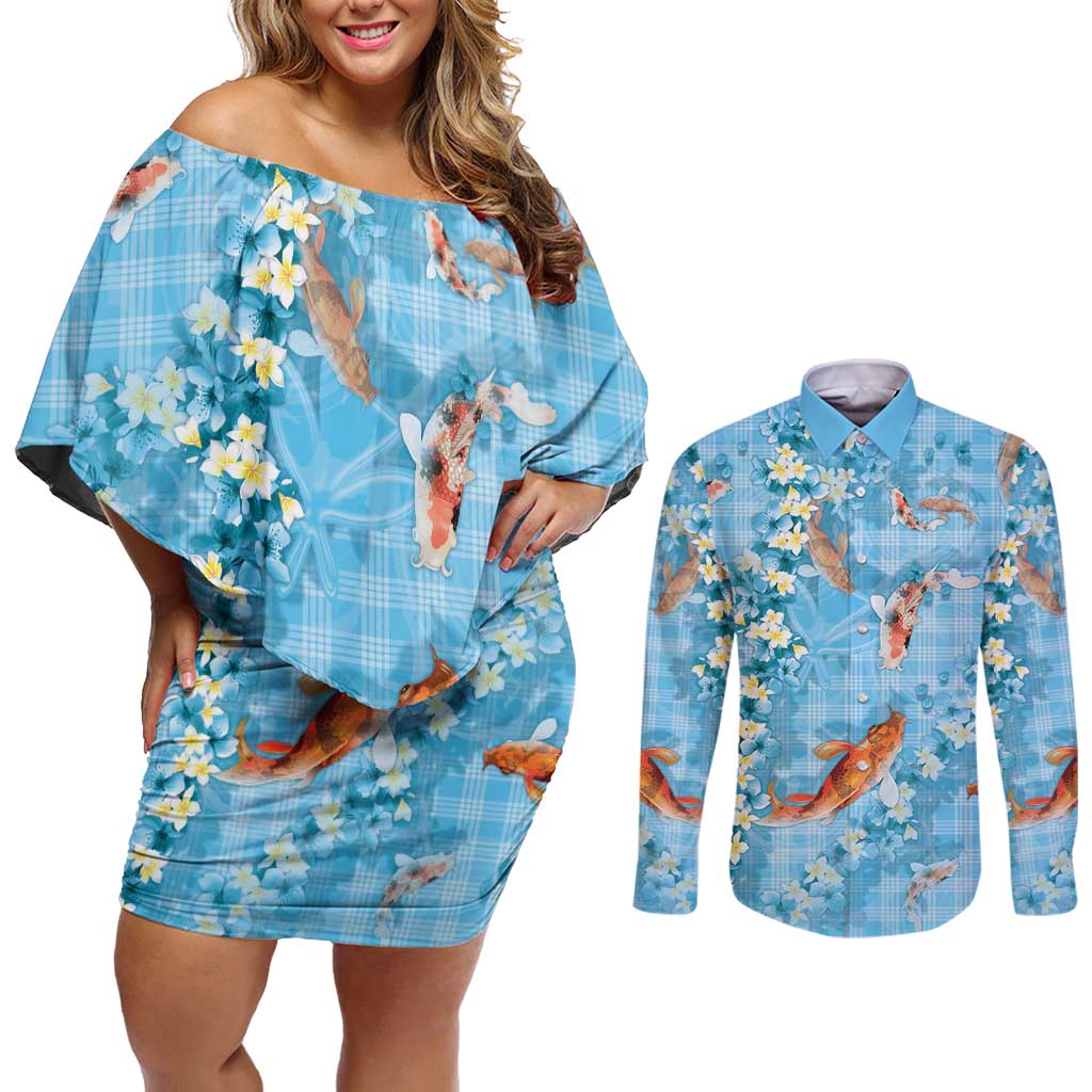 Blue Palaka Hawaiian And Japanese Couples Matching Off Shoulder Short Dress and Long Sleeve Button Shirt Sakura Lei With Koi Fish - Polynesian Pride