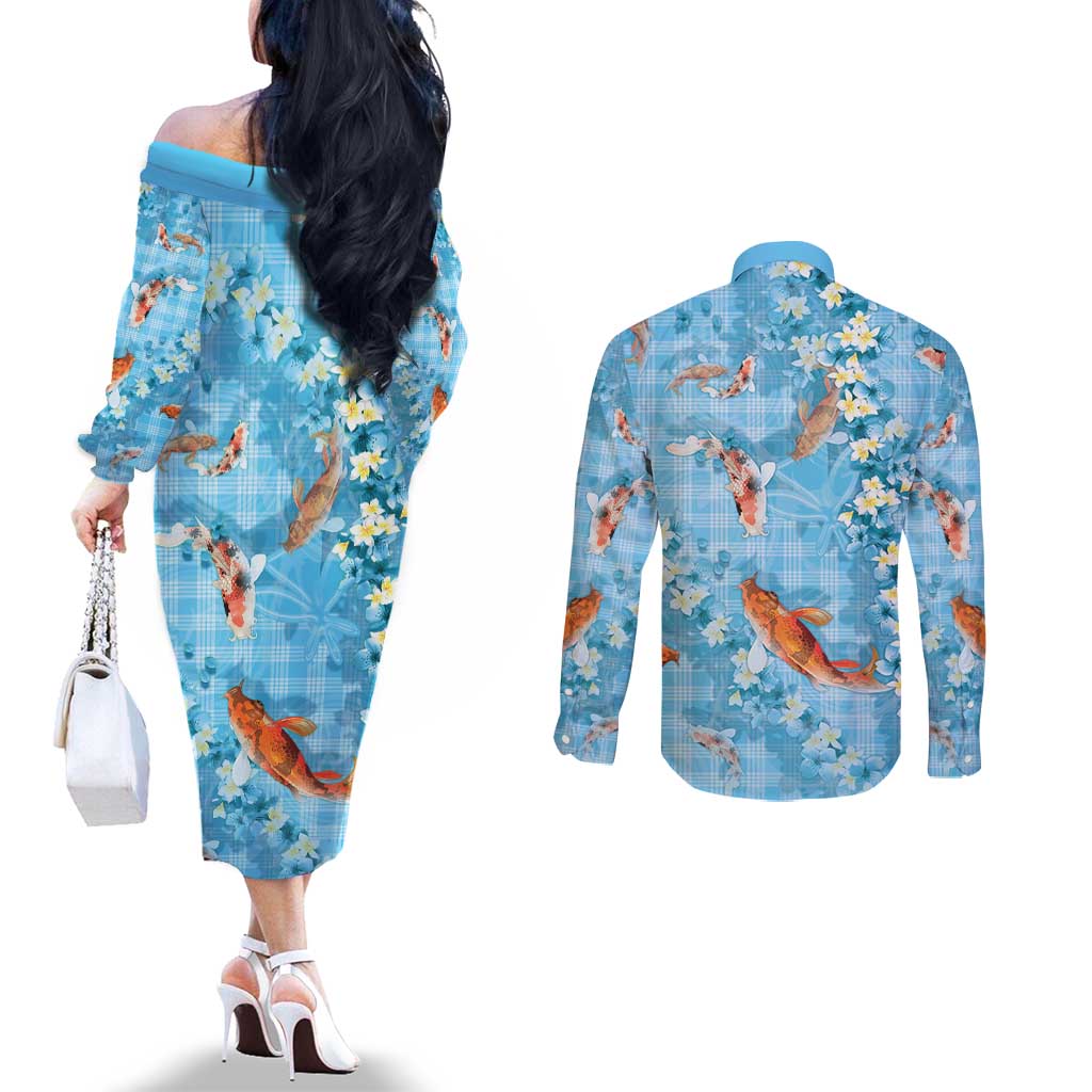 Blue Palaka Hawaiian And Japanese Couples Matching Off The Shoulder Long Sleeve Dress and Long Sleeve Button Shirt Sakura Lei With Koi Fish - Polynesian Pride