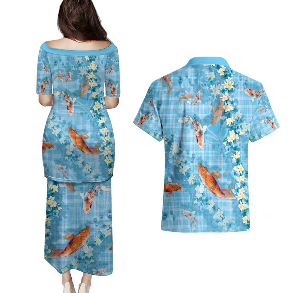 Blue Palaka Hawaiian And Japanese Couples Matching Puletasi and Hawaiian Shirt Sakura Lei With Koi Fish - Polynesian Pride