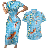 Blue Palaka Hawaiian And Japanese Couples Matching Short Sleeve Bodycon Dress and Hawaiian Shirt Sakura Lei With Koi Fish - Polynesian Pride