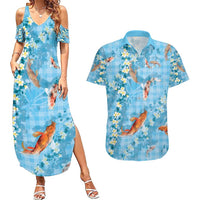 Blue Palaka Hawaiian And Japanese Couples Matching Summer Maxi Dress and Hawaiian Shirt Sakura Lei With Koi Fish - Polynesian Pride