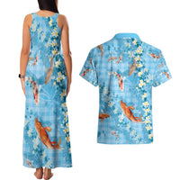 Blue Palaka Hawaiian And Japanese Couples Matching Tank Maxi Dress and Hawaiian Shirt Sakura Lei With Koi Fish - Polynesian Pride