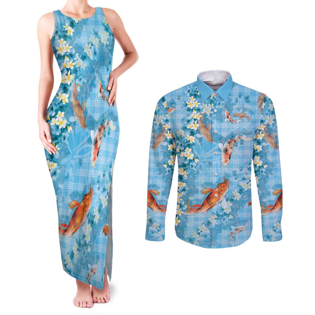 Blue Palaka Hawaiian And Japanese Couples Matching Tank Maxi Dress and Long Sleeve Button Shirt Sakura Lei With Koi Fish - Polynesian Pride