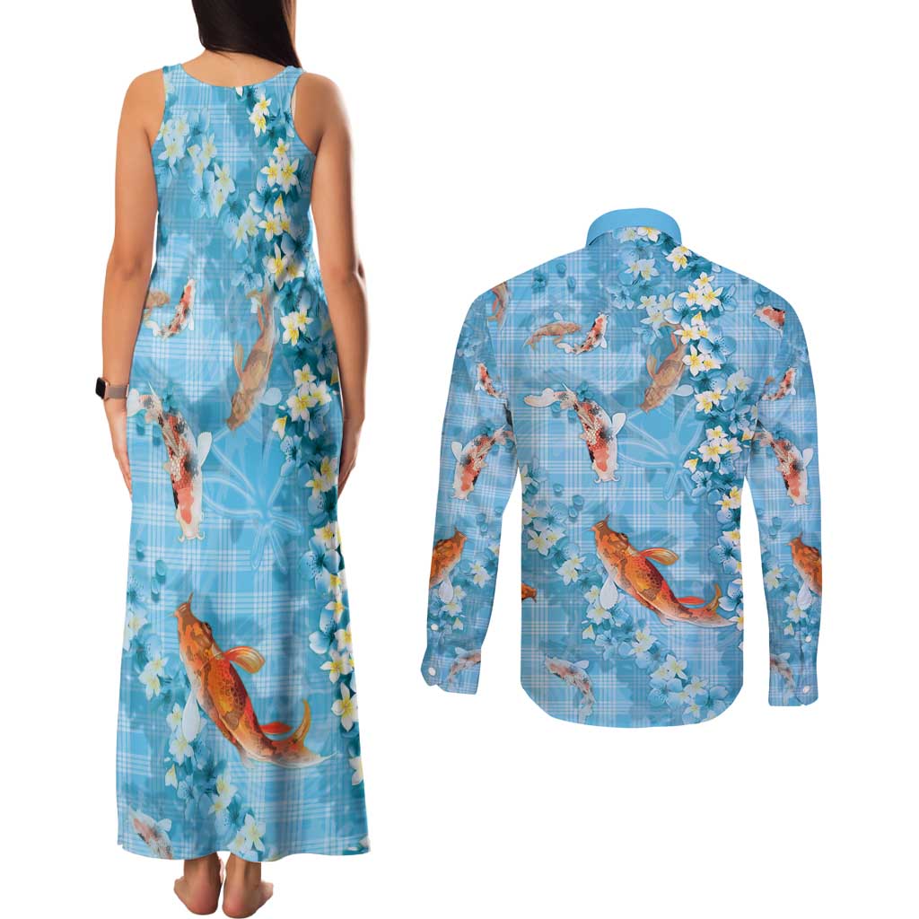 Blue Palaka Hawaiian And Japanese Couples Matching Tank Maxi Dress and Long Sleeve Button Shirt Sakura Lei With Koi Fish - Polynesian Pride