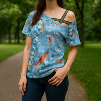 Blue Palaka Hawaiian And Japanese Cross Shoulder Shirt Sakura Lei With Koi Fish DT05 - Polynesian Pride