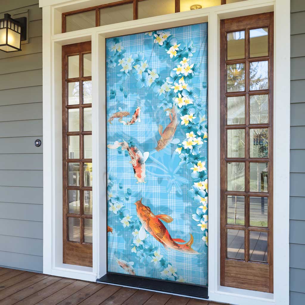 Blue Palaka Hawaiian And Japanese Door Cover Sakura Lei With Koi Fish - Polynesian Pride