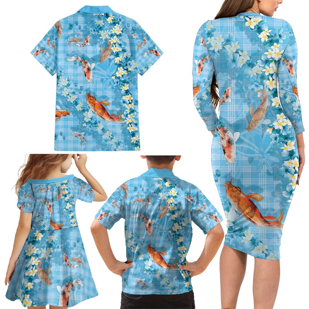 Blue Palaka Hawaiian And Japanese Family Matching Long Sleeve Bodycon Dress and Hawaiian Shirt Sakura Lei With Koi Fish - Polynesian Pride