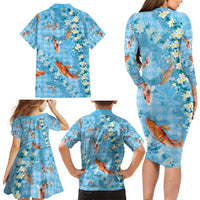 Blue Palaka Hawaiian And Japanese Family Matching Long Sleeve Bodycon Dress and Hawaiian Shirt Sakura Lei With Koi Fish - Polynesian Pride