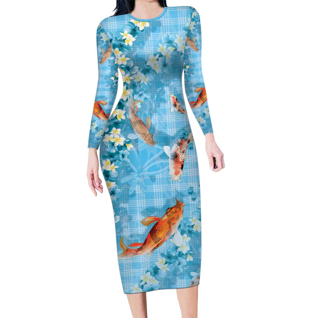 Blue Palaka Hawaiian And Japanese Family Matching Long Sleeve Bodycon Dress and Hawaiian Shirt Sakura Lei With Koi Fish - Polynesian Pride