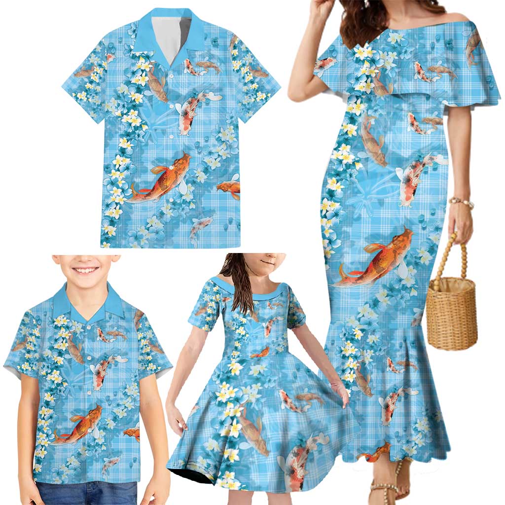 Blue Palaka Hawaiian And Japanese Family Matching Mermaid Dress and Hawaiian Shirt Sakura Lei With Koi Fish - Polynesian Pride
