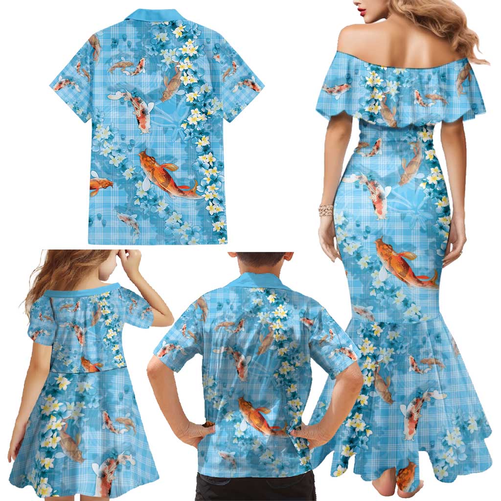 Blue Palaka Hawaiian And Japanese Family Matching Mermaid Dress and Hawaiian Shirt Sakura Lei With Koi Fish - Polynesian Pride