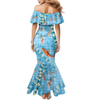 Blue Palaka Hawaiian And Japanese Family Matching Mermaid Dress and Hawaiian Shirt Sakura Lei With Koi Fish - Polynesian Pride