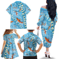 Blue Palaka Hawaiian And Japanese Family Matching Off The Shoulder Long Sleeve Dress and Hawaiian Shirt Sakura Lei With Koi Fish - Polynesian Pride