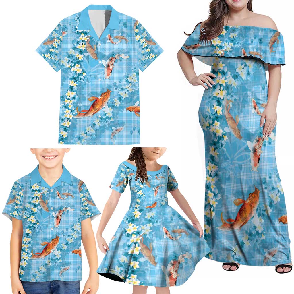 Blue Palaka Hawaiian And Japanese Family Matching Off Shoulder Maxi Dress and Hawaiian Shirt Sakura Lei With Koi Fish - Polynesian Pride