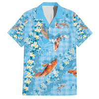 Blue Palaka Hawaiian And Japanese Family Matching Off Shoulder Maxi Dress and Hawaiian Shirt Sakura Lei With Koi Fish - Polynesian Pride