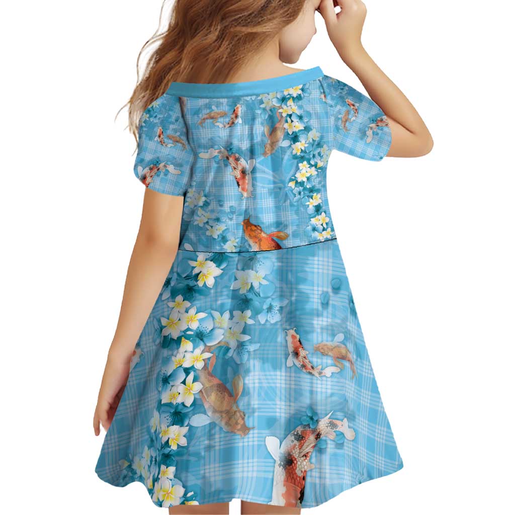 Blue Palaka Hawaiian And Japanese Family Matching Off Shoulder Short Dress and Hawaiian Shirt Sakura Lei With Koi Fish - Polynesian Pride