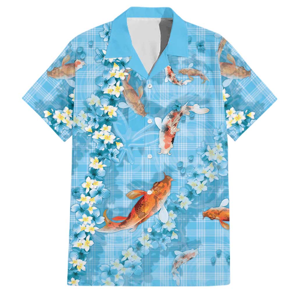Blue Palaka Hawaiian And Japanese Family Matching Puletasi and Hawaiian Shirt Sakura Lei With Koi Fish DT05 Dad's Shirt - Short Sleeve Blue - Polynesian Pride