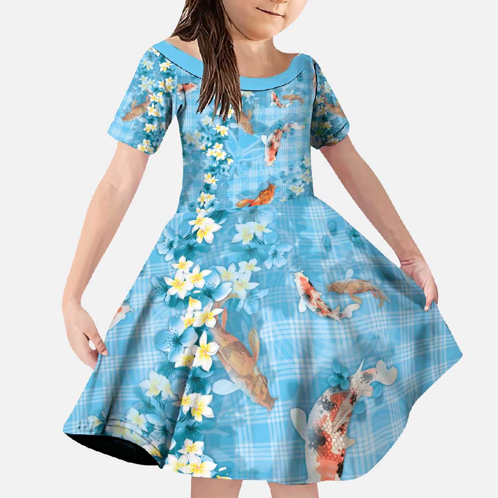 Blue Palaka Hawaiian And Japanese Family Matching Short Sleeve Bodycon Dress and Hawaiian Shirt Sakura Lei With Koi Fish - Polynesian Pride