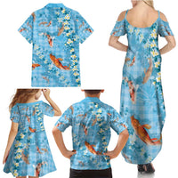 Blue Palaka Hawaiian And Japanese Family Matching Summer Maxi Dress and Hawaiian Shirt Sakura Lei With Koi Fish - Polynesian Pride