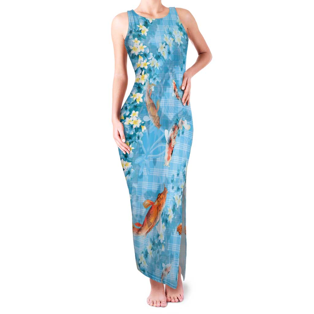 Blue Palaka Hawaiian And Japanese Family Matching Tank Maxi Dress and Hawaiian Shirt Sakura Lei With Koi Fish - Polynesian Pride