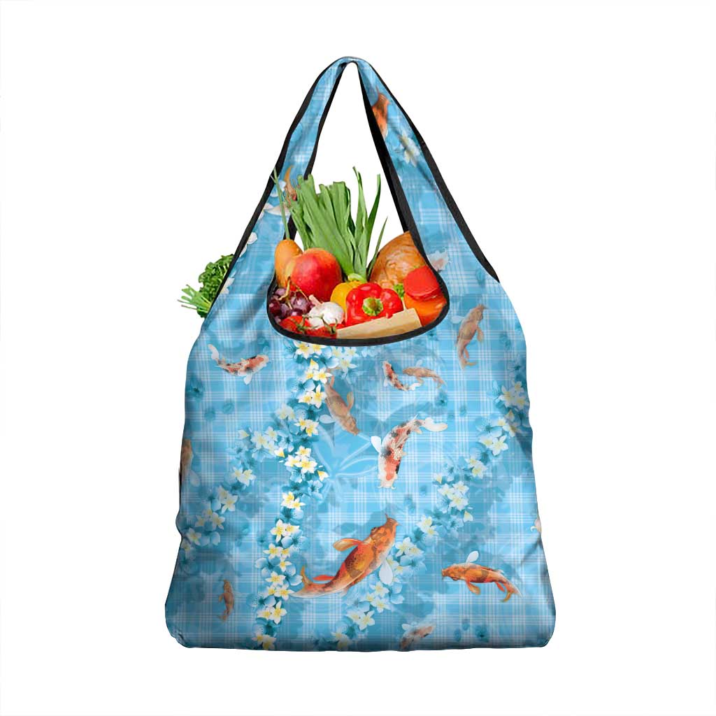 Blue Palaka Hawaiian And Japanese Grocery Bag Sakura Lei With Koi Fish - Polynesian Pride