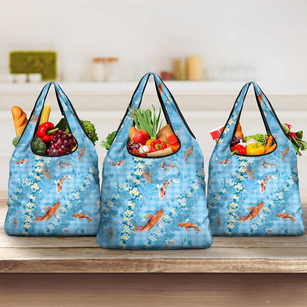 Blue Palaka Hawaiian And Japanese Grocery Bag Sakura Lei With Koi Fish DT05 3-pack One Size Blue - Polynesian Pride