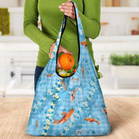 Blue Palaka Hawaiian And Japanese Grocery Bag Sakura Lei With Koi Fish DT05 - Polynesian Pride