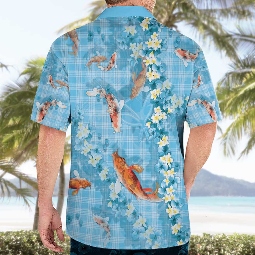 Blue Palaka Hawaiian And Japanese Hawaiian Shirt Sakura Lei With Koi Fish - Polynesian Pride