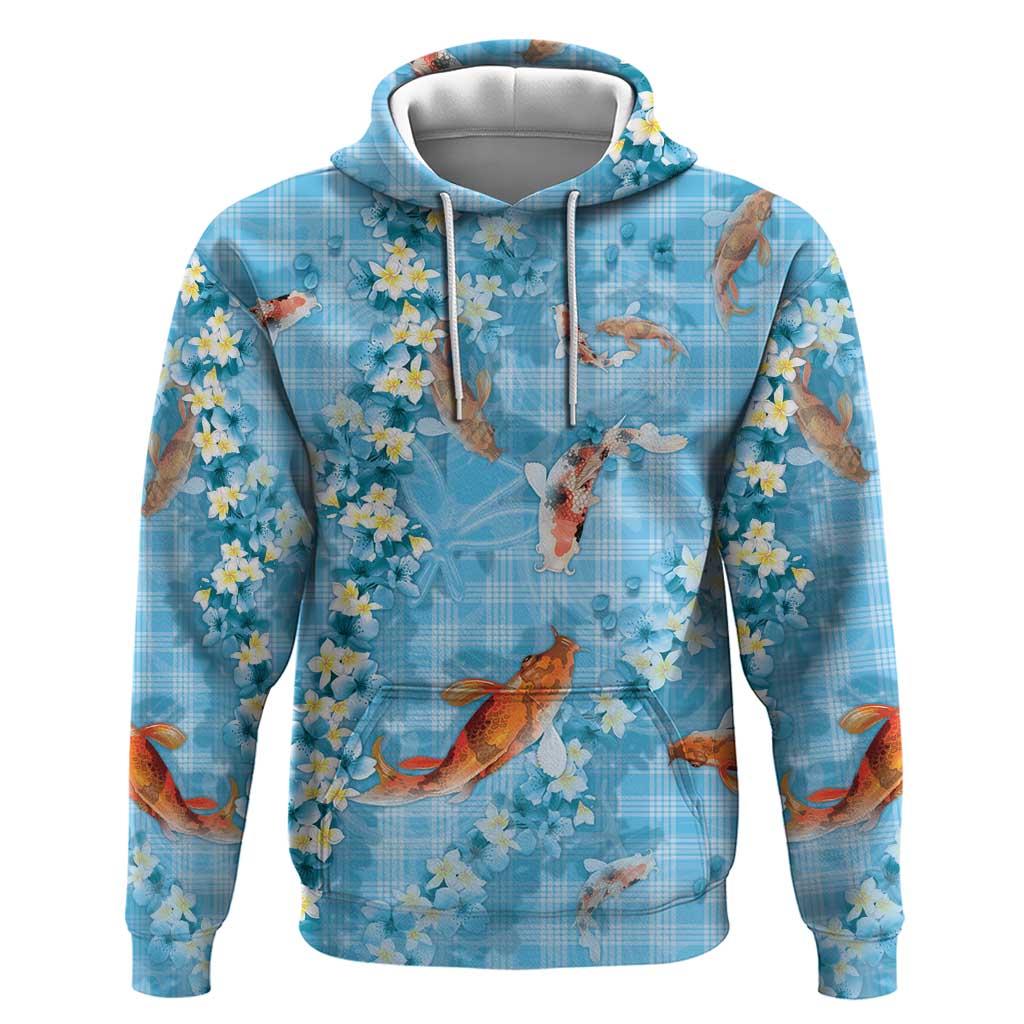 Blue Palaka Hawaiian And Japanese Hoodie Sakura Lei With Koi Fish DT05 Pullover Hoodie Blue - Polynesian Pride