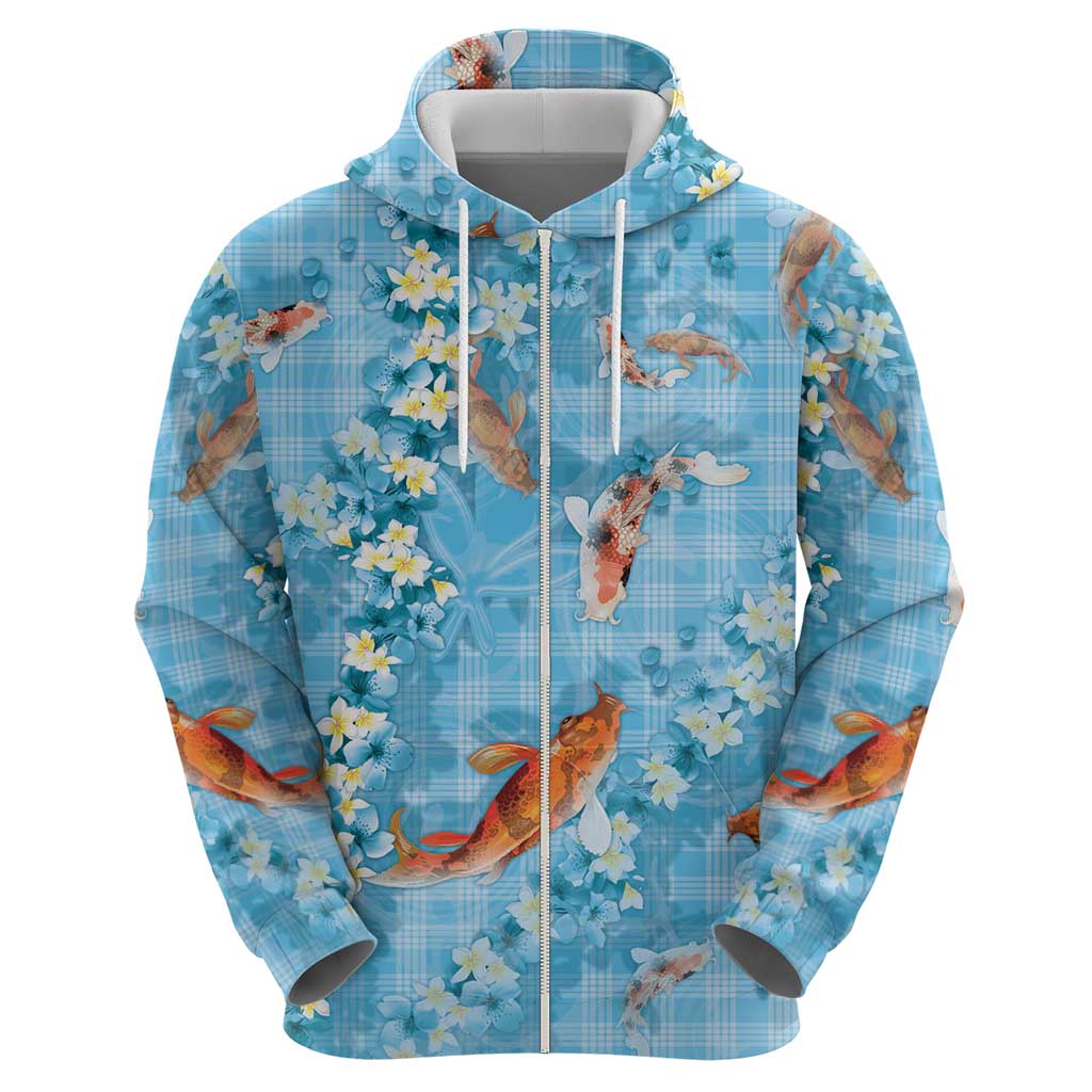 Blue Palaka Hawaiian And Japanese Hoodie Sakura Lei With Koi Fish - Polynesian Pride