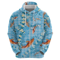 Blue Palaka Hawaiian And Japanese Hoodie Sakura Lei With Koi Fish - Polynesian Pride
