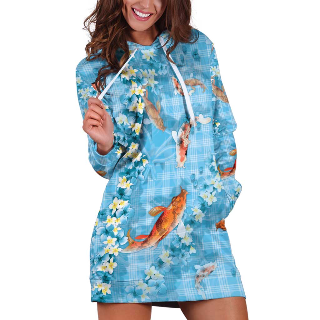 Blue Palaka Hawaiian And Japanese Hoodie Dress Sakura Lei With Koi Fish - Polynesian Pride