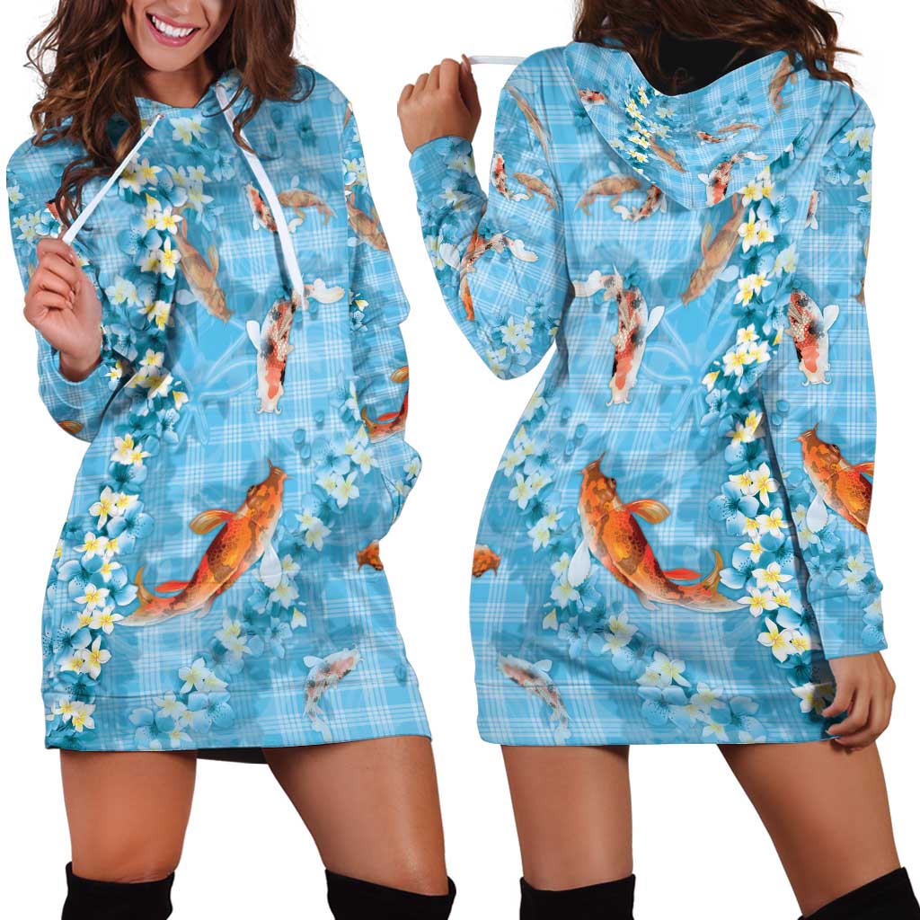 Blue Palaka Hawaiian And Japanese Hoodie Dress Sakura Lei With Koi Fish - Polynesian Pride