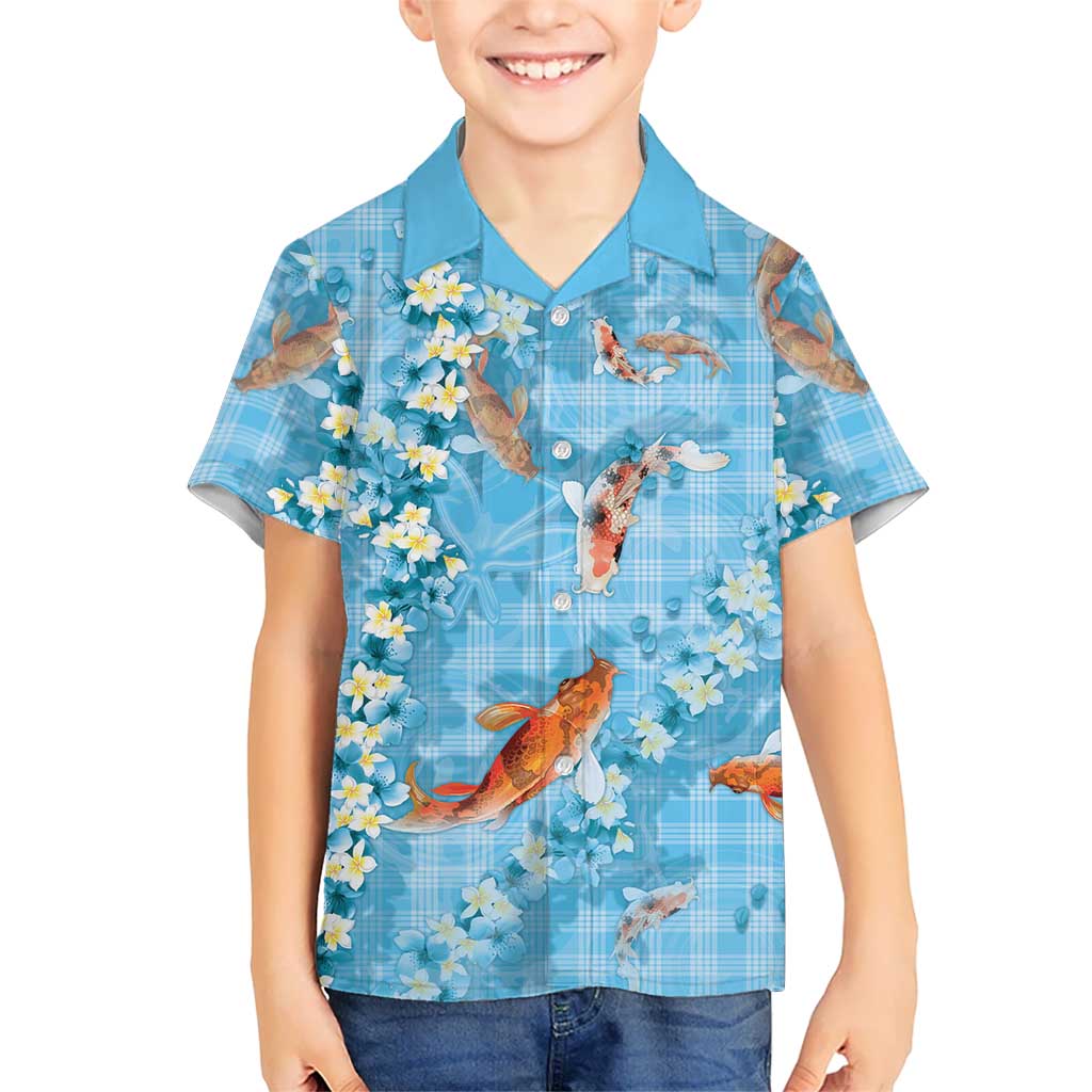 Blue Palaka Hawaiian And Japanese Kid Hawaiian Shirt Sakura Lei With Koi Fish DT05 Kid Blue - Polynesian Pride