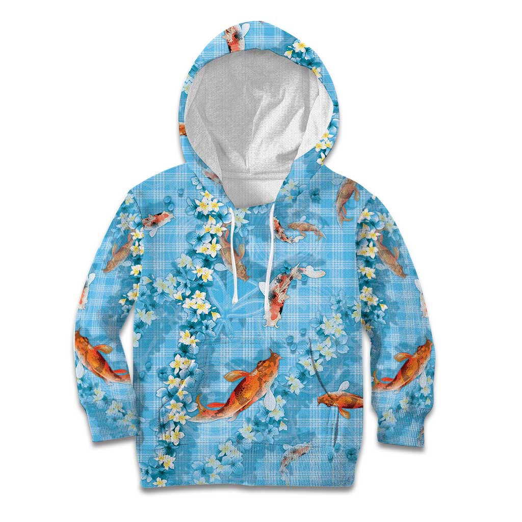 Blue Palaka Hawaiian And Japanese Kid Hoodie Sakura Lei With Koi Fish DT05 Hoodie Blue - Polynesian Pride