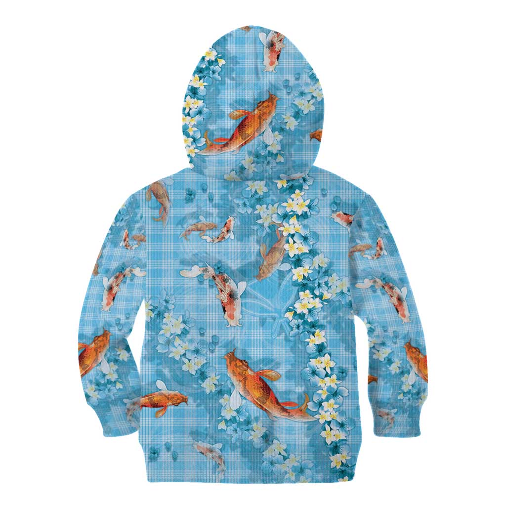 Blue Palaka Hawaiian And Japanese Kid Hoodie Sakura Lei With Koi Fish - Polynesian Pride