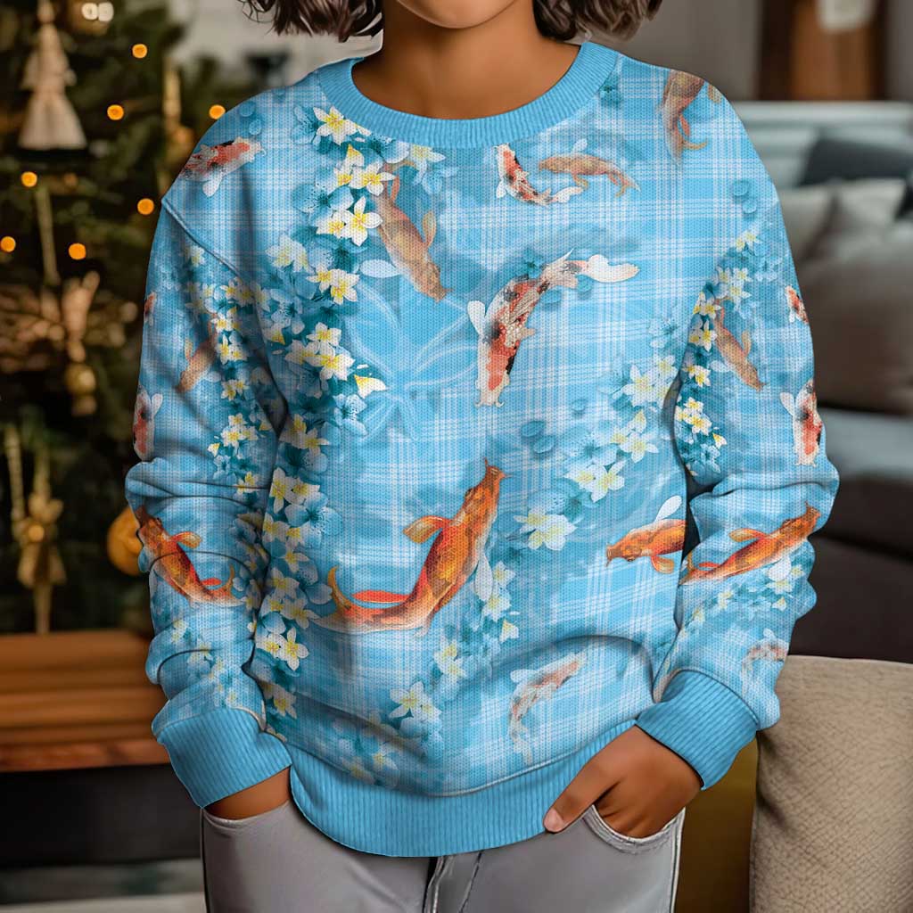 Blue Palaka Hawaiian And Japanese Kid Ugly Christmas Sweater Sakura Lei With Koi Fish - Polynesian Pride