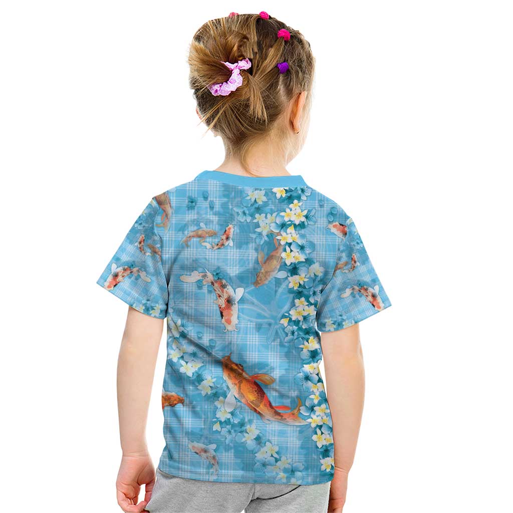 Blue Palaka Hawaiian And Japanese Kid T Shirt Sakura Lei With Koi Fish - Polynesian Pride