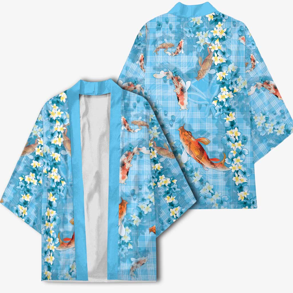 Blue Palaka Hawaiian And Japanese Kimono Sakura Lei With Koi Fish - Polynesian Pride
