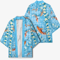 Blue Palaka Hawaiian And Japanese Kimono Sakura Lei With Koi Fish - Polynesian Pride
