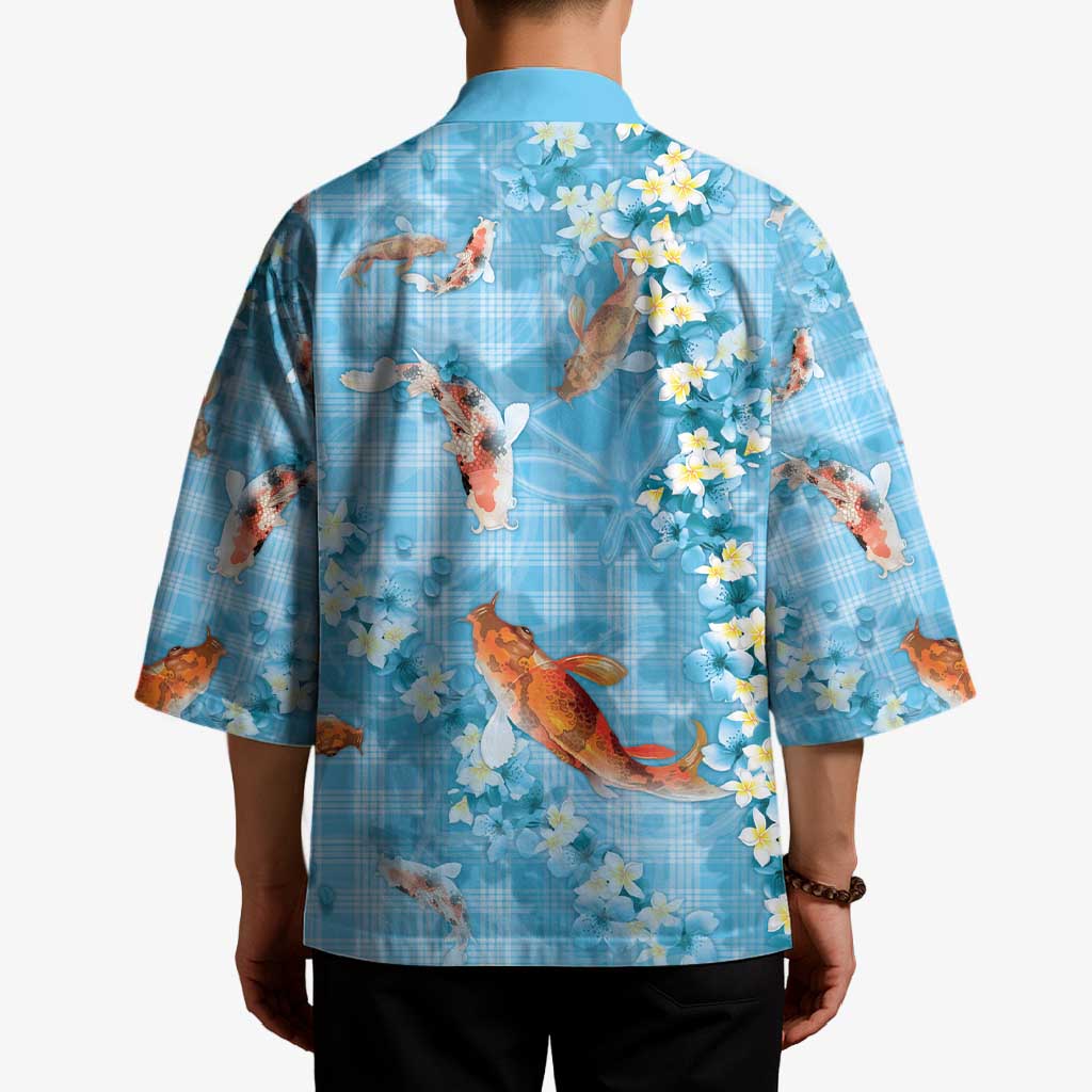 Blue Palaka Hawaiian And Japanese Kimono Sakura Lei With Koi Fish - Polynesian Pride