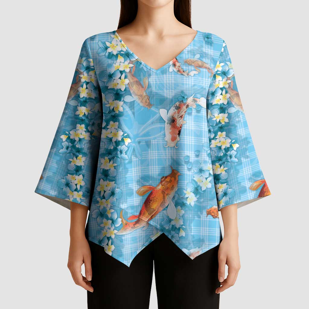 Blue Palaka Hawaiian And Japanese Kimono Sleeve Blouse Sakura Lei With Koi Fish - Polynesian Pride